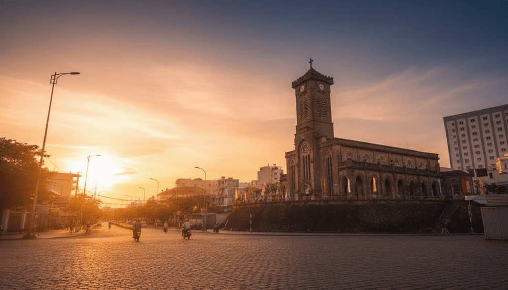Nha Trang Cathedral’s prime location atop a 12-meter-high hill provides visitors with panoramic views of the lively cityscape, tranquil coastline, and distant mountain ranges